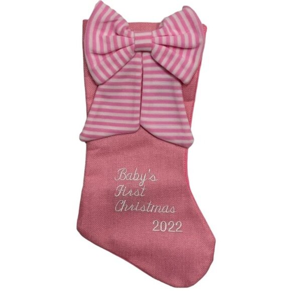 Baby First Christmas Stocking Embroidered 2022  Baby Girl Pink White 17 Inches - Picture 3 of 16